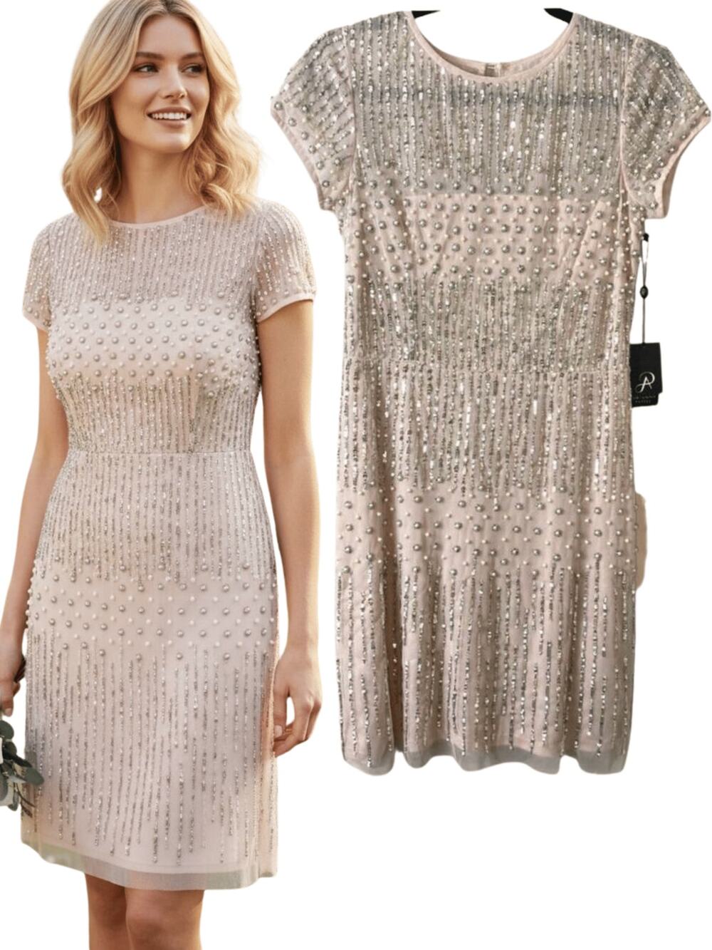 Adrianna Papell Pink Sequin Beaded Dress Wedding Guest Cocktail